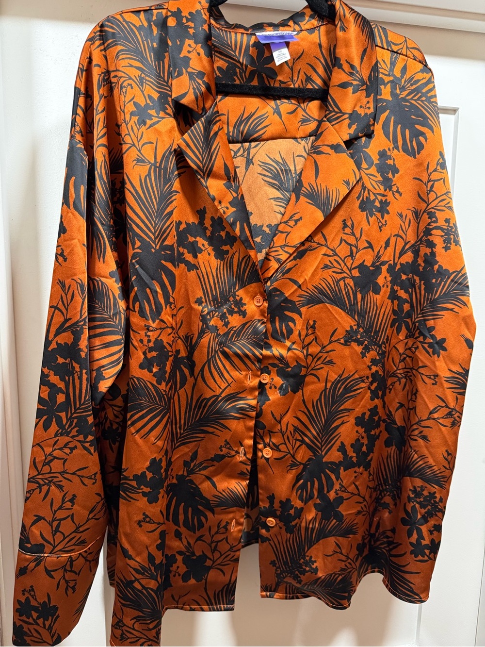 Brown and Black Satin Tropical Print Button-Up Shirt